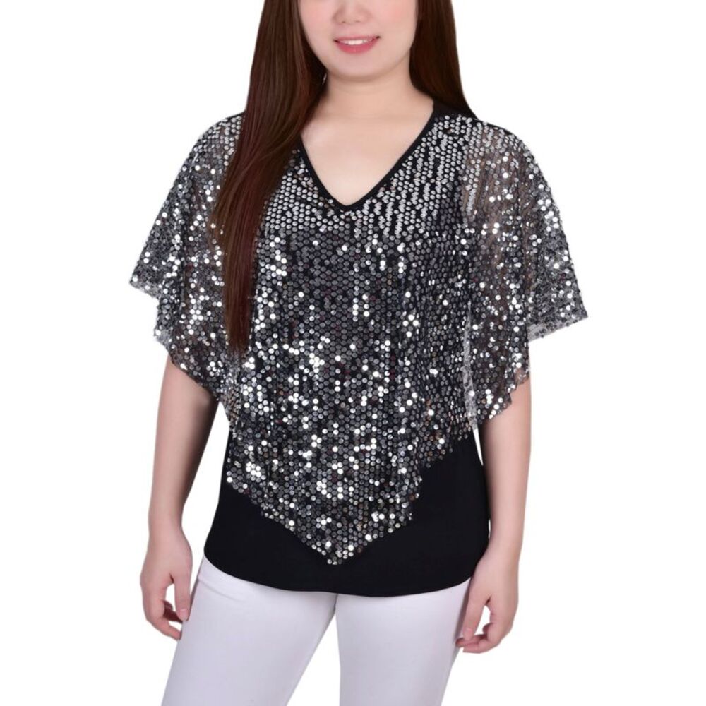 NY Collection Petite Sequin-Front Poncho Top